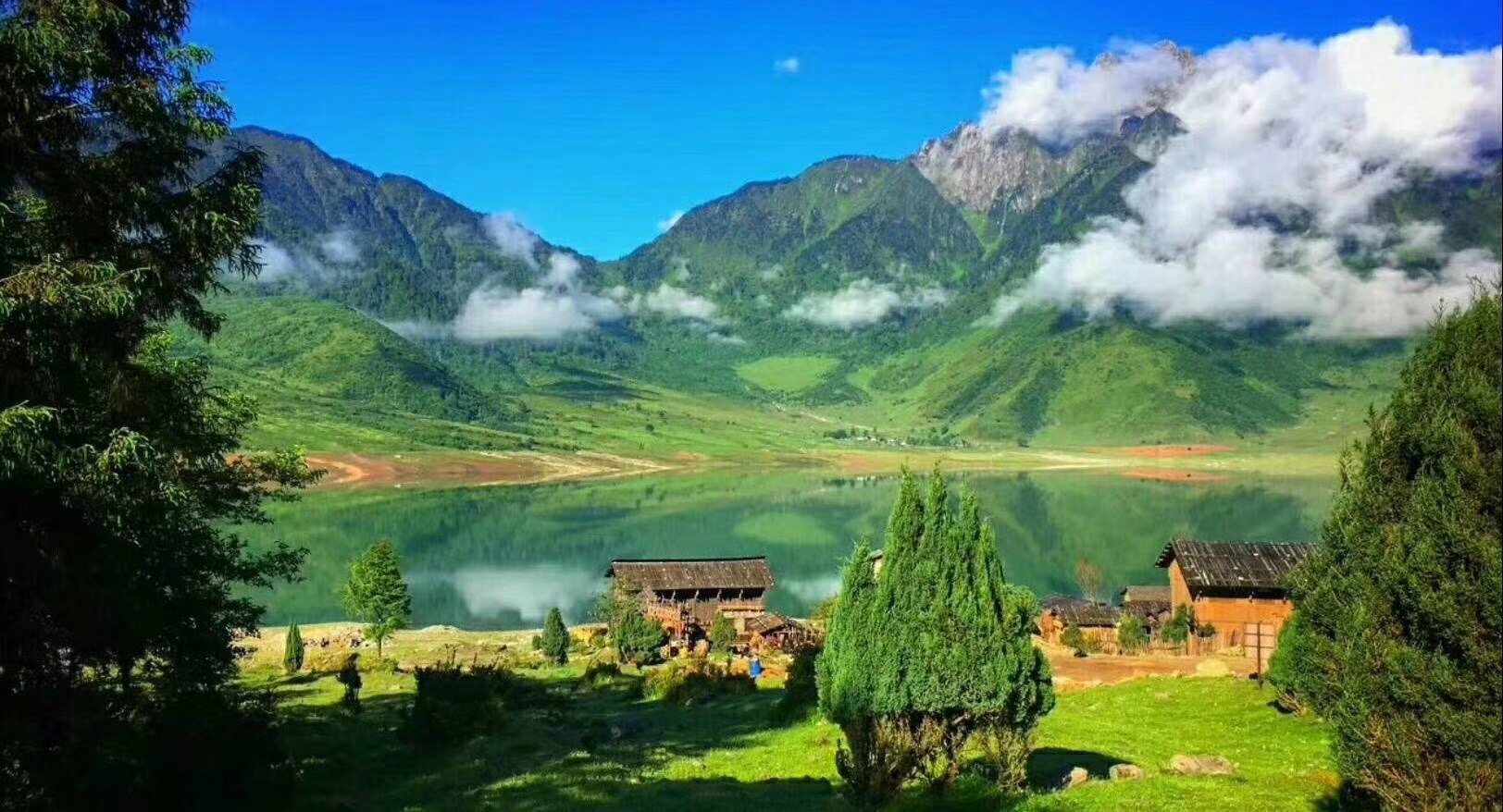 湖水湛蓝,四周有原始森林,有雪山倒映,有大片草甸,草甸上还有簇簇杜鹃