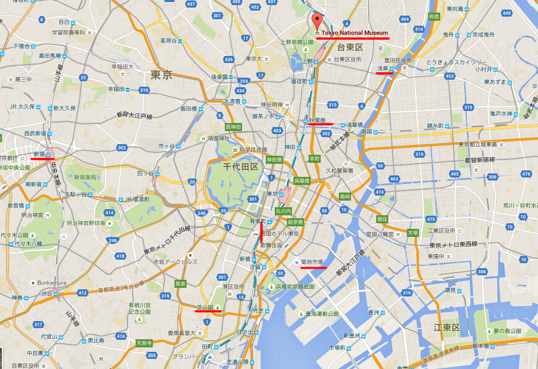 就在新宿那边,浅草寺,东京国立博物馆所在的上野,秋叶原彼此比较靠近