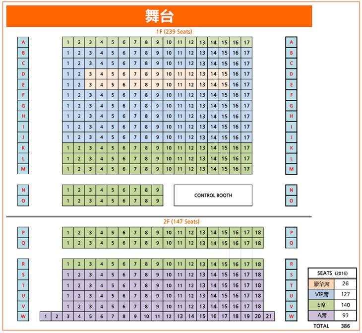 明洞劇場座席共有386個座位,其中:豪華席26座,vip席127座,s席140座,a